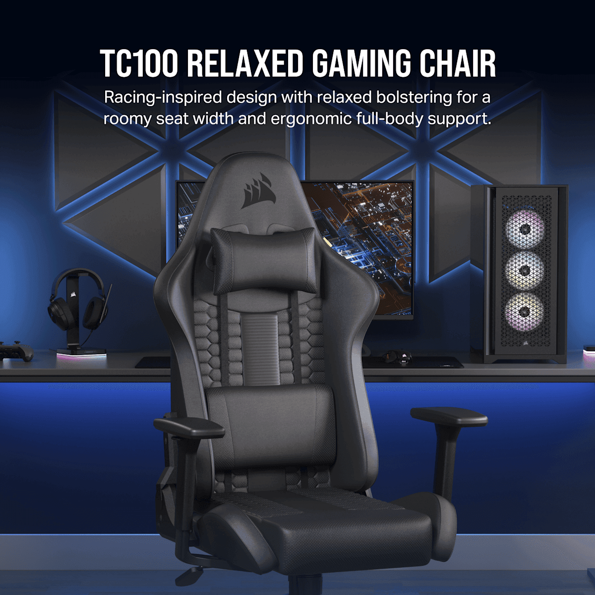صندلی گیمینگ Corsair TC100 RELAXED Leatherette مشکی، نمای سوم