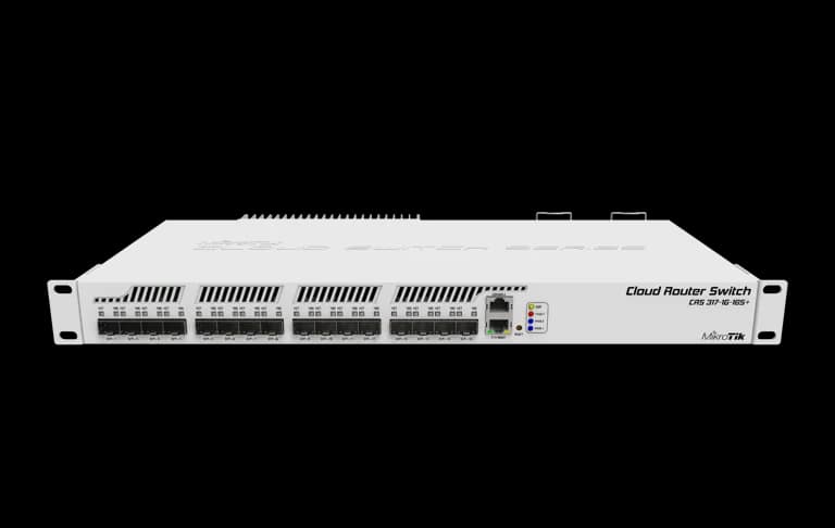 MikroTik CRS317-1G-16S+RM front view on plain background