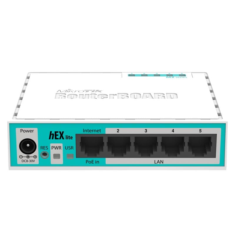 نمای نزدیک درگاههای روتر MikroTik hEX lite مدل RB750r2