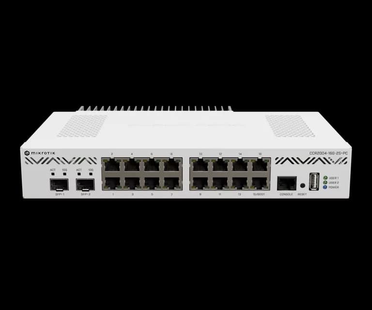 MikroTik CCR2004-16G-2S+PC router on plain background