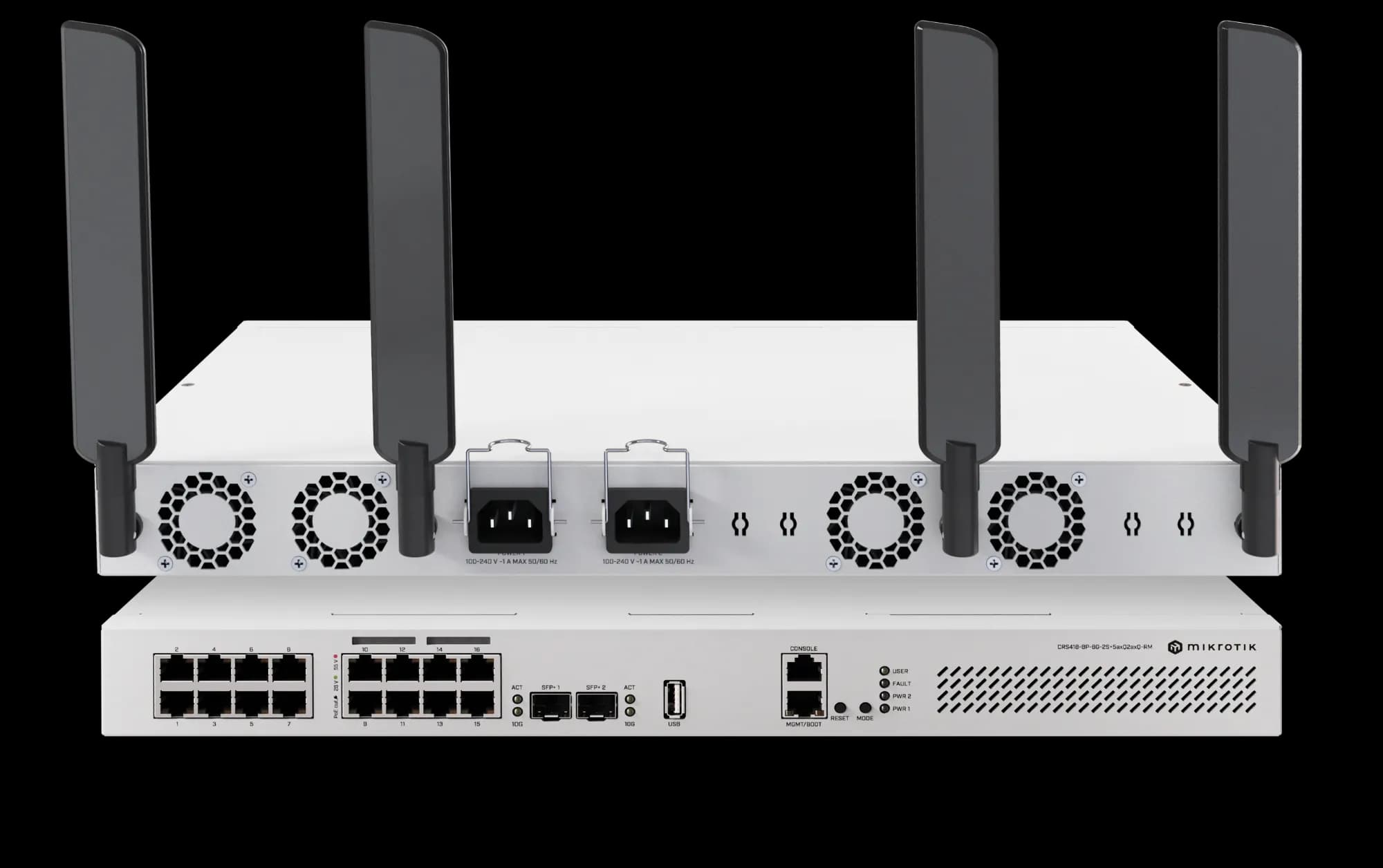 نمای جلو و پشت سوئیچ MikroTik CRS418
