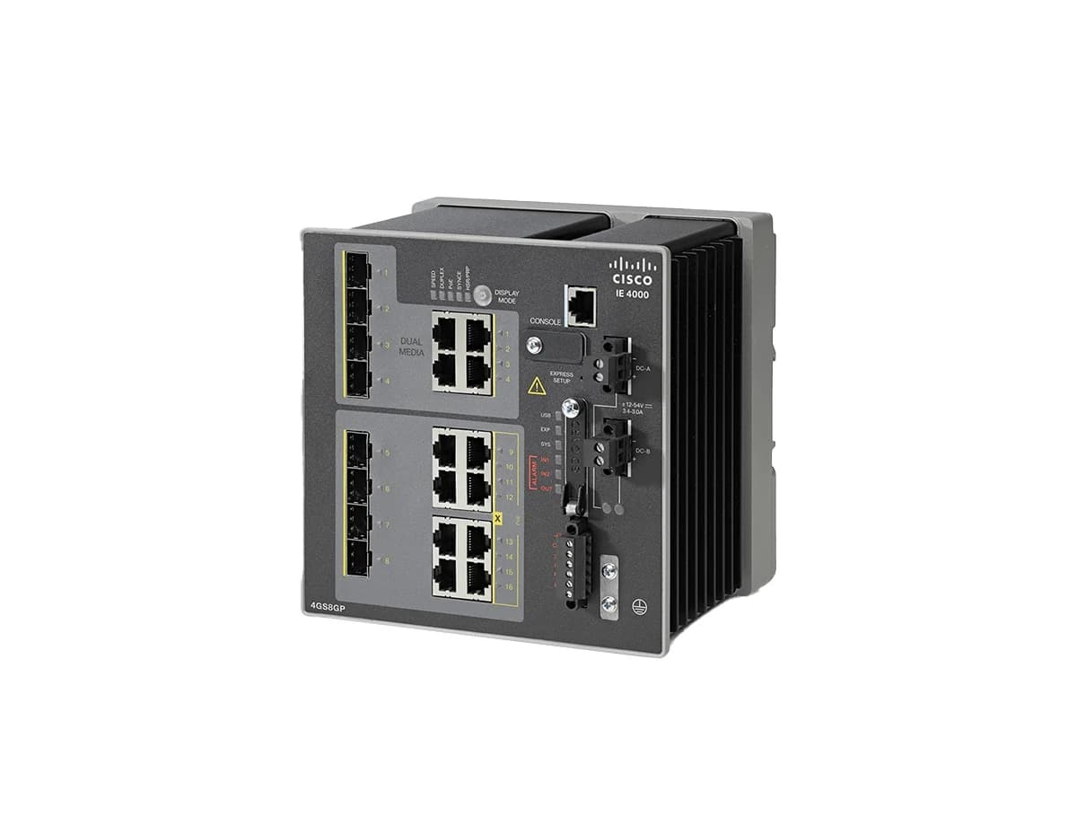 نمای جلویی سوییچ صنعتی Cisco IE-4000-4GS8GP4G-E روی پسزمینه سفید